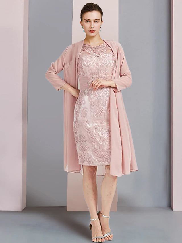 Luolandi Two Piece Sheath / Column Mother of the Bride Dress Formal Wedding Guest Elegant Scoop Neck Knee Length Chiffon Lace Sleeveless Jacket Dresses with Beading